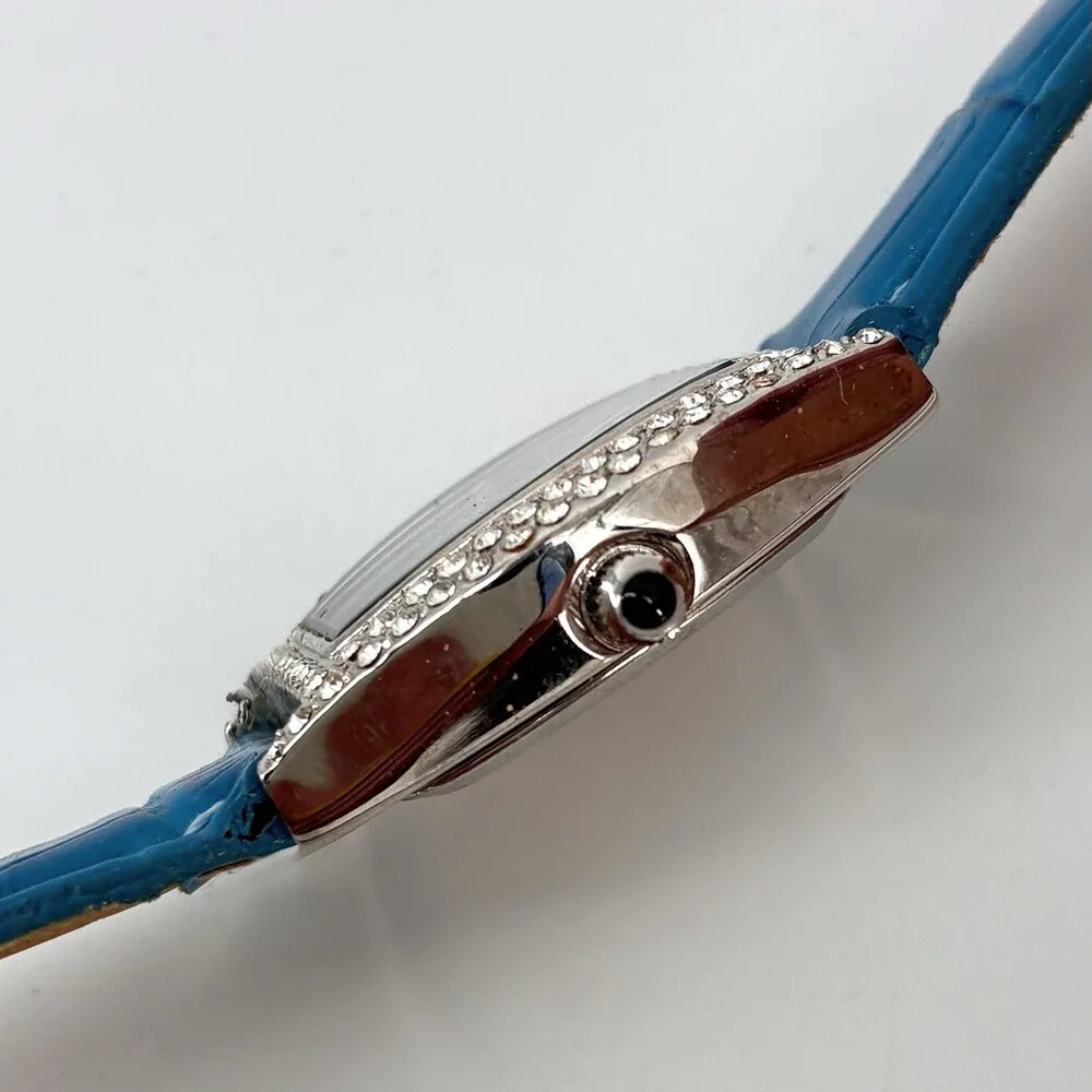 Embassy by Gruen Rhinestone Tonneau Watch Teal Leather Roman (X9)